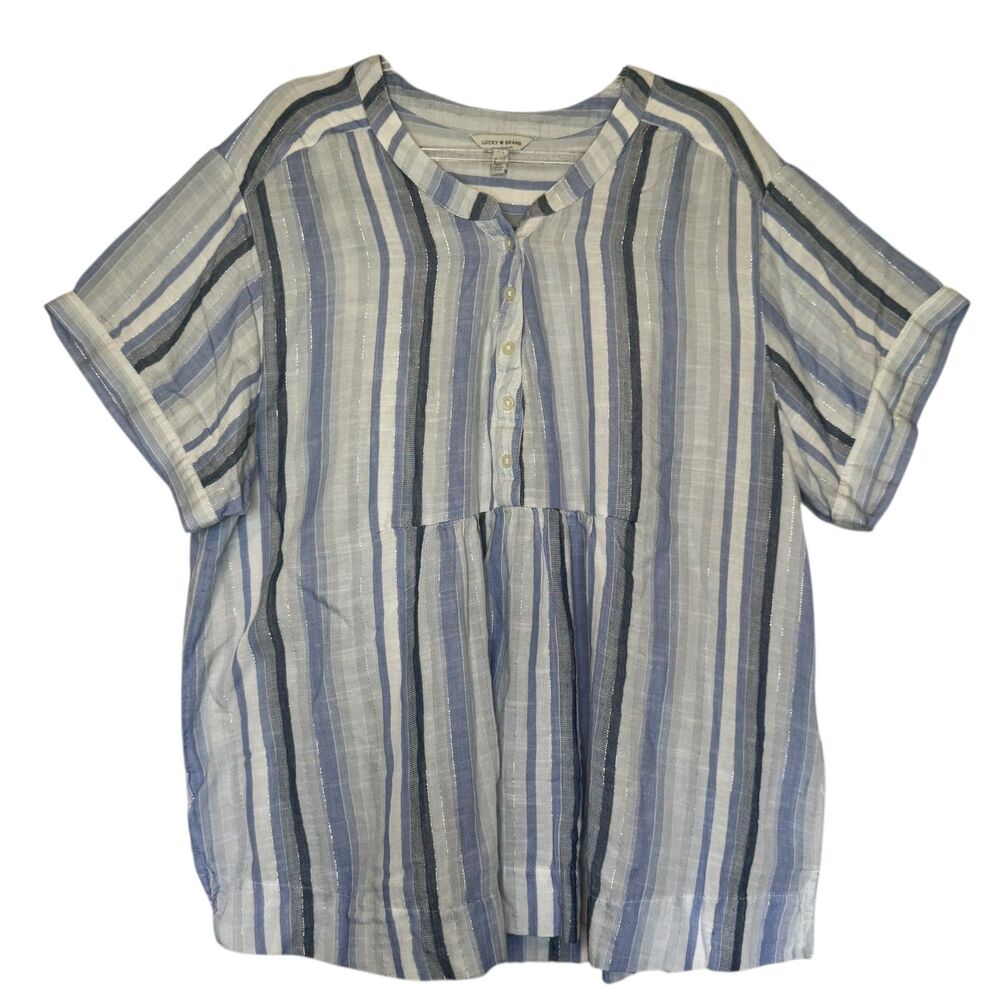 LUCKY BRAND women's size XL babydoll blue metallic striped pullover top shirt